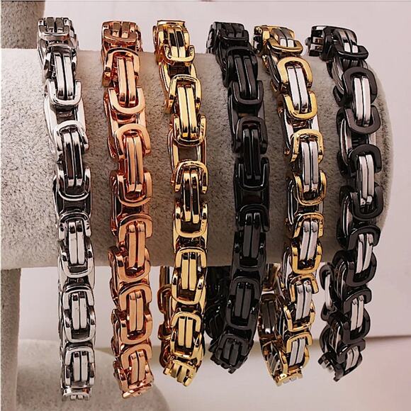 STAINLESS STEEL GOLD BYZANTINE MECHANIC SILVER BLACK BIKER BRACELET - Picture 4 of 8